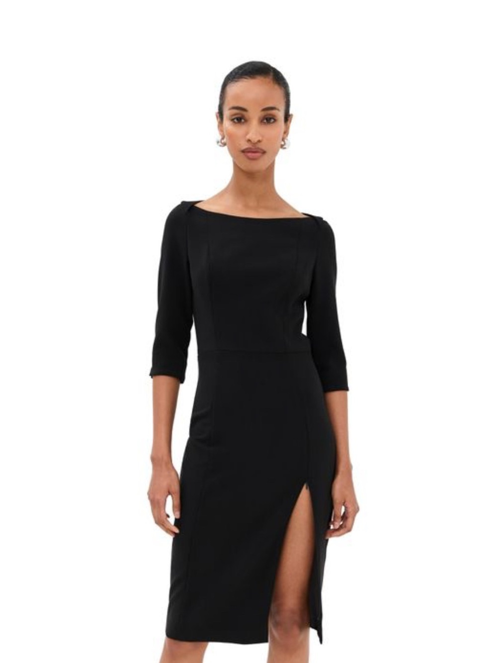 NWT Black Halo Black Midi Sheath Dress with Asymmetric Slit that zips